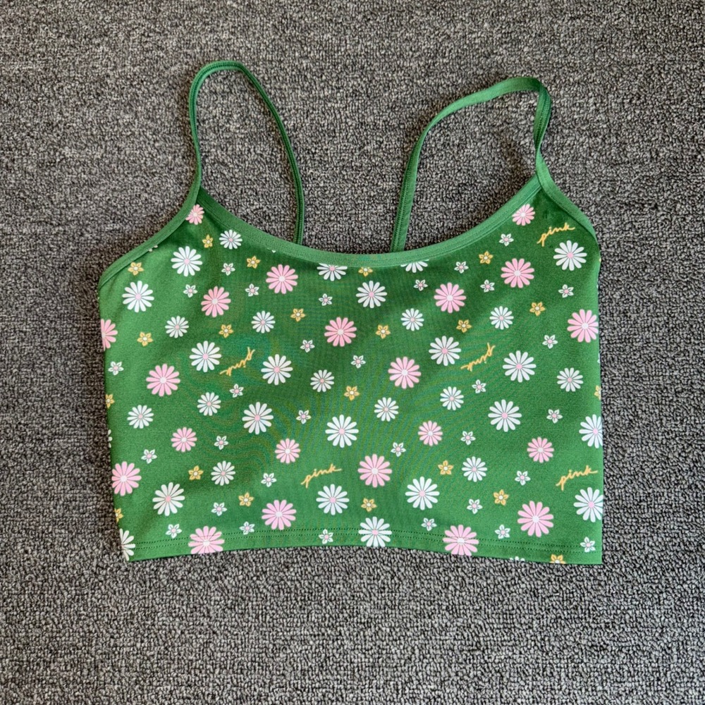 PINK Victoria's Secret Active Crop Top Green Floral Daisy Twist Back Cami Medium